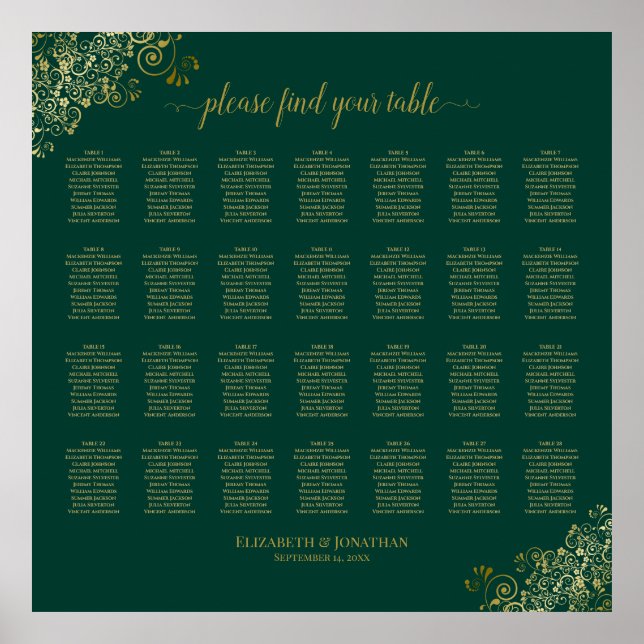 28 Sittplatsschemat Bord Bröllop Emerald Grönt Gul Poster (Framsidan)