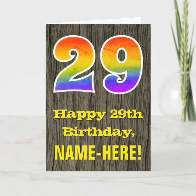 29-årsdag: Rustik falskt trälutning, regnbåge "29" Kort (Framsida)