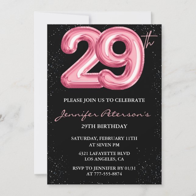 29-årsinbjudningar Rosa Balloon Glam Black Inbjudningar (Framsida)