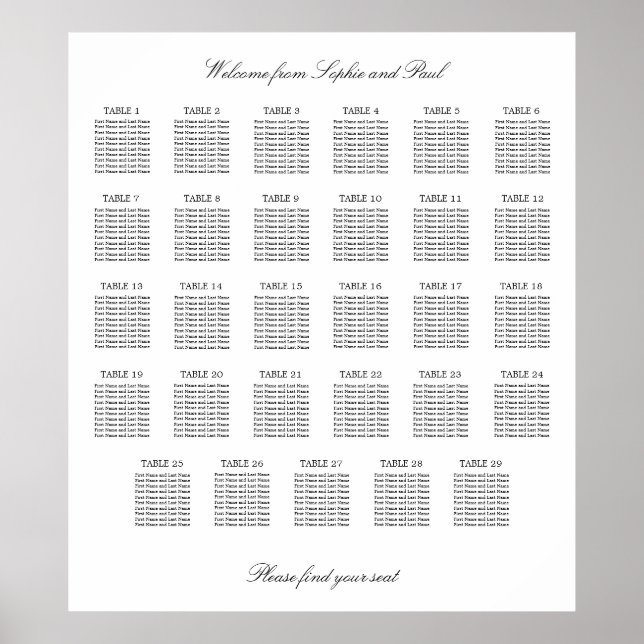 29 Bord Elegant Minimalistisk Placeringsplan Poster (Framsidan)