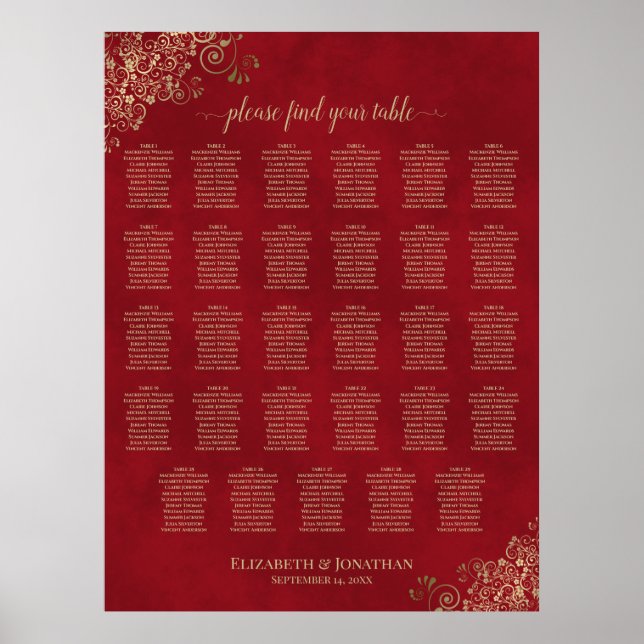 29 Bord Elegant Röd & Guld Bröllopsställning Poster (Framsidan)