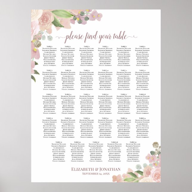 29 Bord Elegant Rosa Blommig Bröllopsställning Poster (Framsidan)