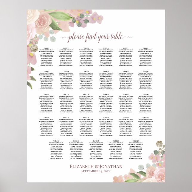 29 Bord Elegant Rosa Blommigt Bröllop Sittplatsdia Poster (Framsidan)