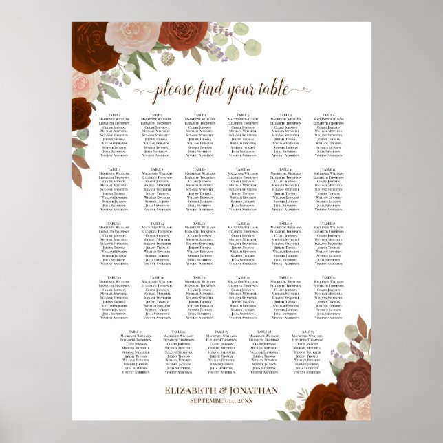 29 Bord Höst Blommig Boho Bröllop Placeringsplan Poster (Framsidan)
