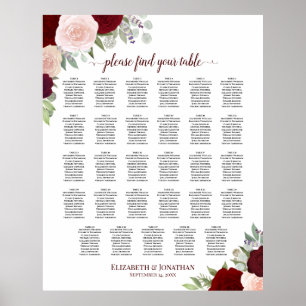 29 Bord Red & Rosa Blommigt Bröllop Sittdiagram Poster