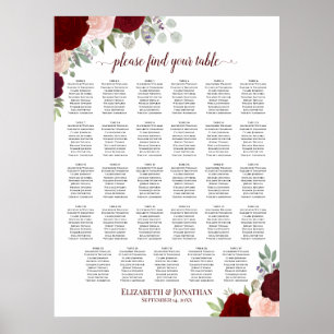 29 Bord Röd & Rosa Blommig Bröllopsplatskarta Poster