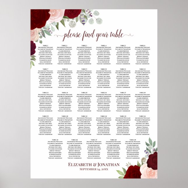 29 Bord Röd & Rosa Blommig Bröllopsplatskarta Poster (Framsidan)