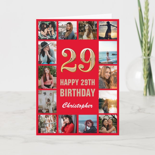 29:e Grattis på födelsedagen Red and Guld Photo Co Kort (Framsida)