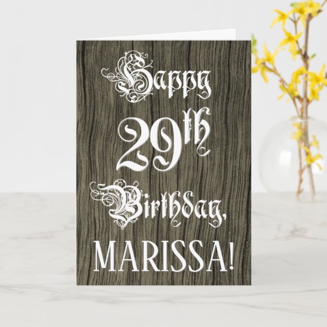 29th Birthday: Fancy, Elegant Text; Faux Wood Look Kort (Gul blomma)