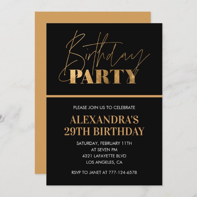 29th birthday invitations Birthday party Black Inbjudningar (Fram/baksida)