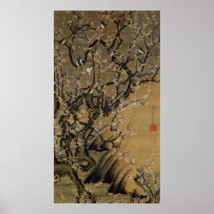 2. 梅 花 小 禽 図, 若 Blommar och småfåglar, Jakuchū Poster