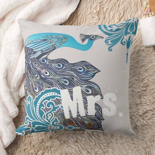 2:a årsdagen av bomull Teal Navy Peacock Damask Kudde (Filt)