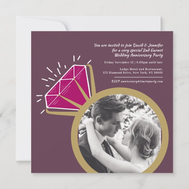 2:a årsdagen av party garnet ring 2 foton inbjudningar (Baksida)