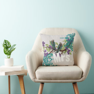 2:a årsdagen av Vintagen Teal Birds Lila Blooms Kudde