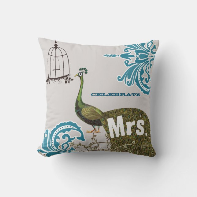 2:a årsdagen Damask Peacock Birdcage Mrs. Kudde (Framsida)