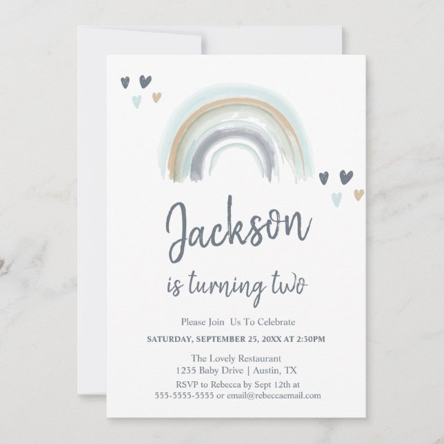 2:a födelsedag Blått Boho Rainbow Party-inbjudan Inbjudningar (Framsida)