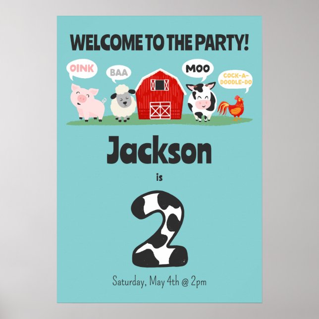 2:a födelsedag Oink Baa Moo Välkomstdag Poster (Framsidan)