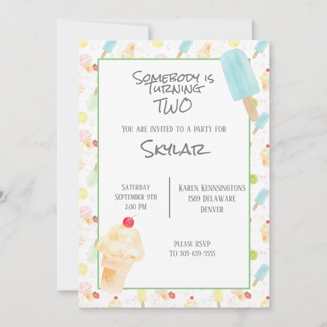 2:a födelsedag Party Ice Cream och Popsicles Inbjudningar (Framsida)