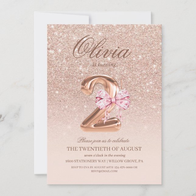 2:a födelsedag Ro Rosa Guld Bow Födelsedagsfest Inbjudningar (Framsida)
