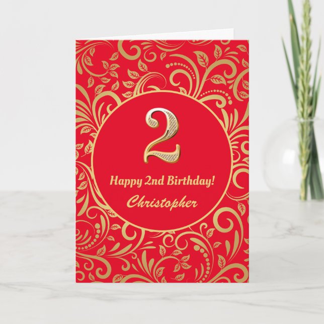 2:a födelsedag Röda och Guld Blommönstret Kort (Framsida)