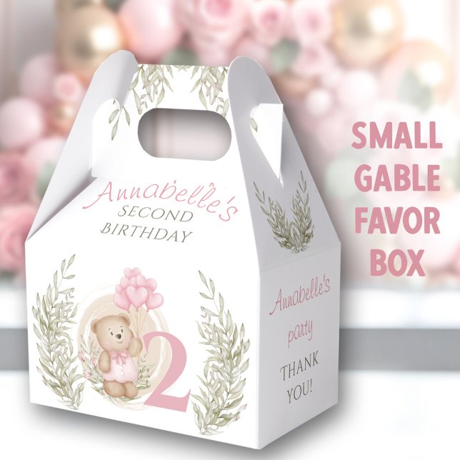 2:a födelsedag (Rosa) för Nalle av små favoriter Presentaskar (2nd Birthday Cute Teddy Bear Pink Small Favor Box)