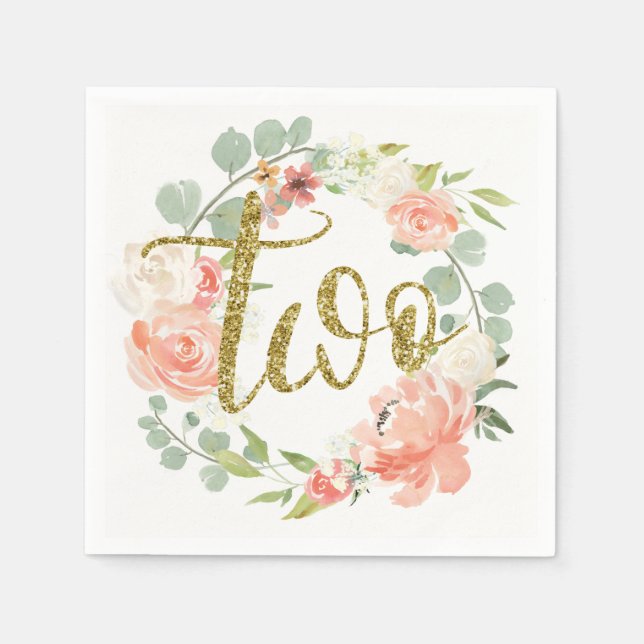 2:a födelsedag Rosa Guld Blommigt Napkin Pappersservett (Framsidan)