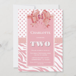 2:a födelsedag Rosa Polka Dot och Zebra Rand Party Inbjudningar
