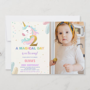 2:a födelsedag Unicorn Birthday-inbjudan med foto Inbjudningar