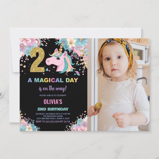 2:a födelsedag Unicorn Birthday-inbjudan med foto Inbjudningar (Framsida)