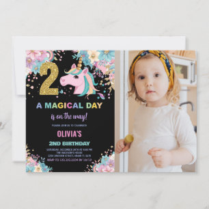 2:a födelsedag Unicorn Birthday-inbjudan med foto Inbjudningar