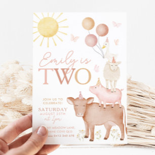 2:a födelsedagen Boskap Barnyard Party Girls Inbjudningar