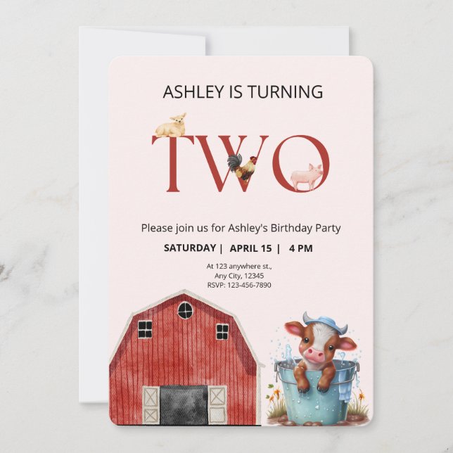 2:a födelsedagen Cute Farm Barn Party Inbjudningar (Framsida)