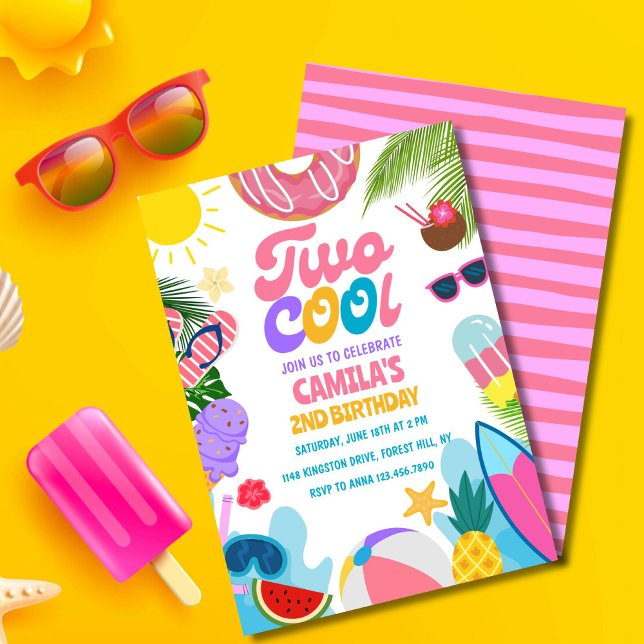 2:a födelsedagen för Bassäng-Coolan-Party-stranden Inbjudningar (Pink "Two Cool" birthday invite for girls with sun, waves, and cute beach vibes!)