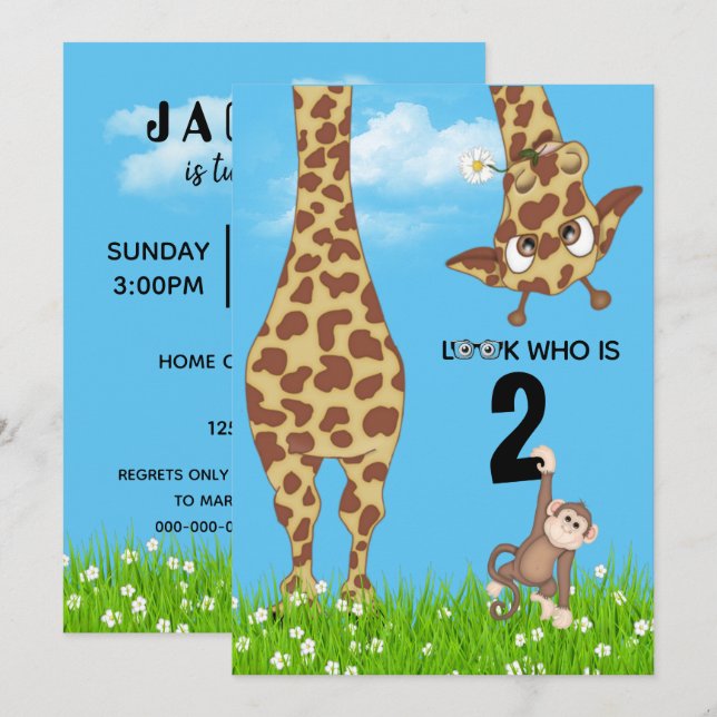 2:a födelsedagen Giraffe i gräs Inbjudningar (Fram/baksida)