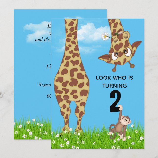 2:a födelsedagen Giraffe i gräs Inbjudningar (Fram/baksida)