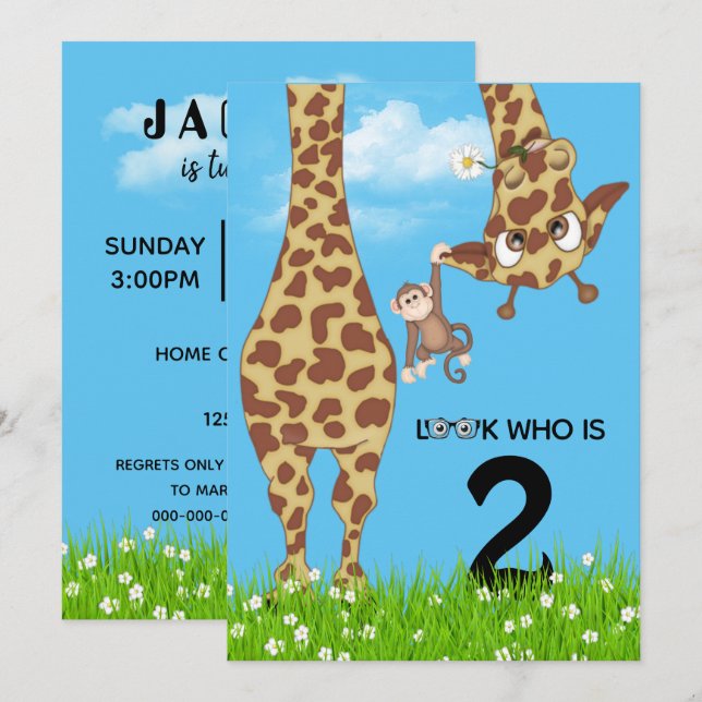 2:a födelsedagen Giraffe i gräs Inbjudningar (Fram/baksida)
