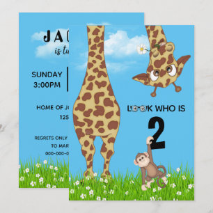 2:a födelsedagen: Giraffe och apa i gräs Inbjudningar