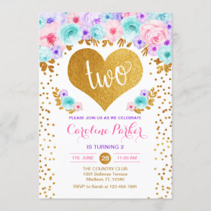2:a födelsedagen - Guld Heart Teal Lila Rosa Inbjudningar