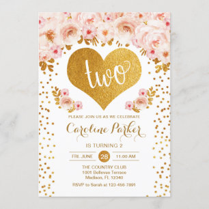 2:a födelsedagen - Guld Heart White Rosa Blommigt Inbjudningar
