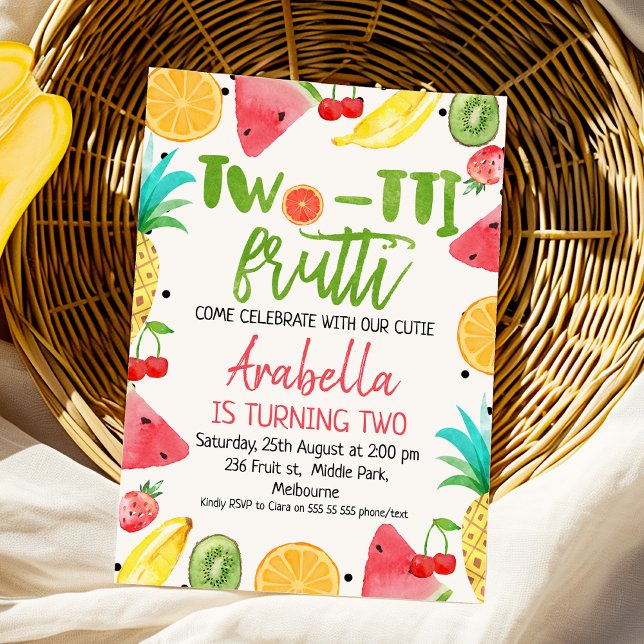 2:a födelsedagen inbjudan (Colorful Twotii Frutti 2nd Birthday Invitation Girl, Two-tii Frutti Second Birthday Invite, Tropical)