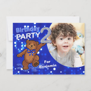 2:a födelsedagen Nalle Party, Anpassningsbar Foto Inbjudningar