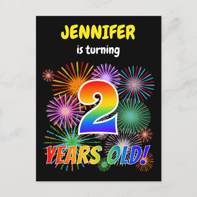 2:a födelsedagen - Roligt Fireworks, Regnbåge "2" Vykort (Framsida)