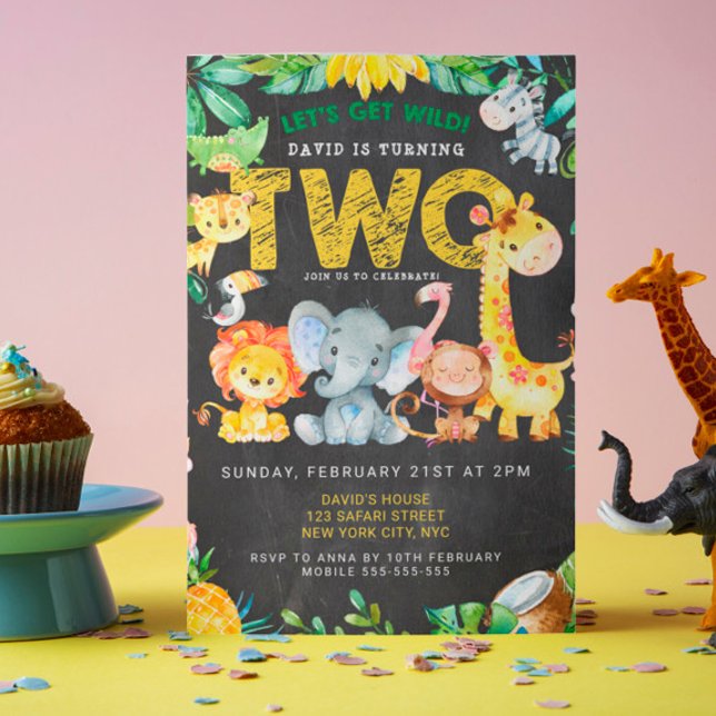 2:a födelsedagen Safari Jungle Chalkboard Cute Kid Inbjudningar (Safari Jungle Zoo Animals Chalkboard Party Birthday 2nd Birthday Template Kids Party)