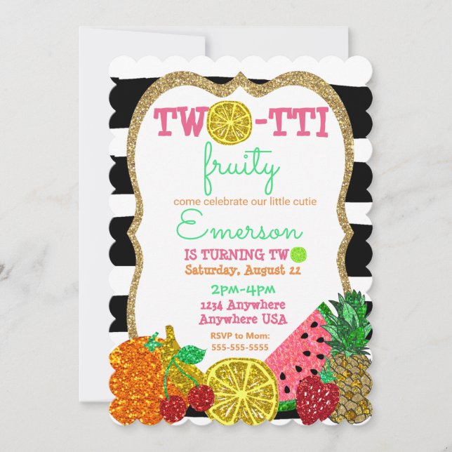 2:a födelsedagen Tutti Frutti glitter Inbjudningar (Framsida)