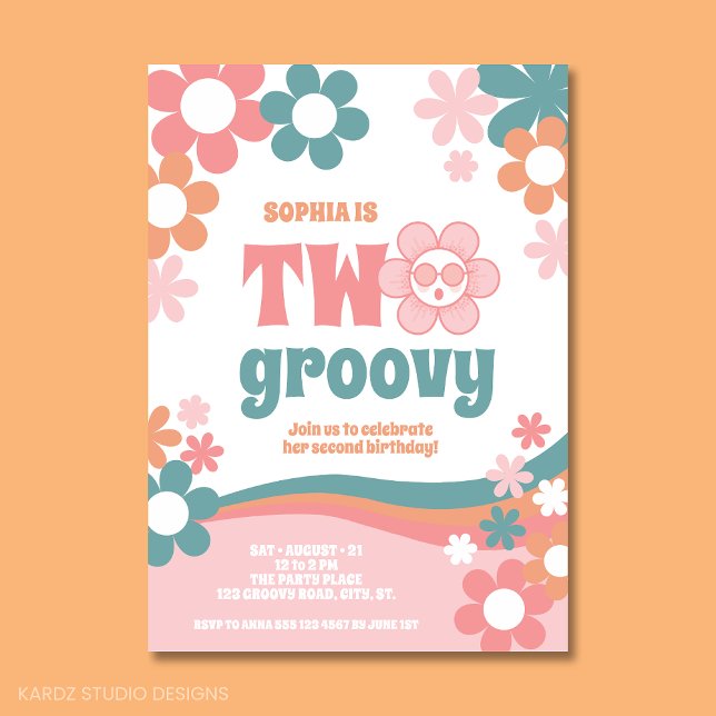 2:a födelsedagsinbjudan för flicka 2 Groovy Inbjudningar (Two Groovy party invitation. Cool Daisy and retro daisies for a girl birthday invitation.)