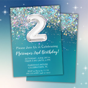 2:a födelsedagsinbjudan Teal Silver Glitter Inbjudningar