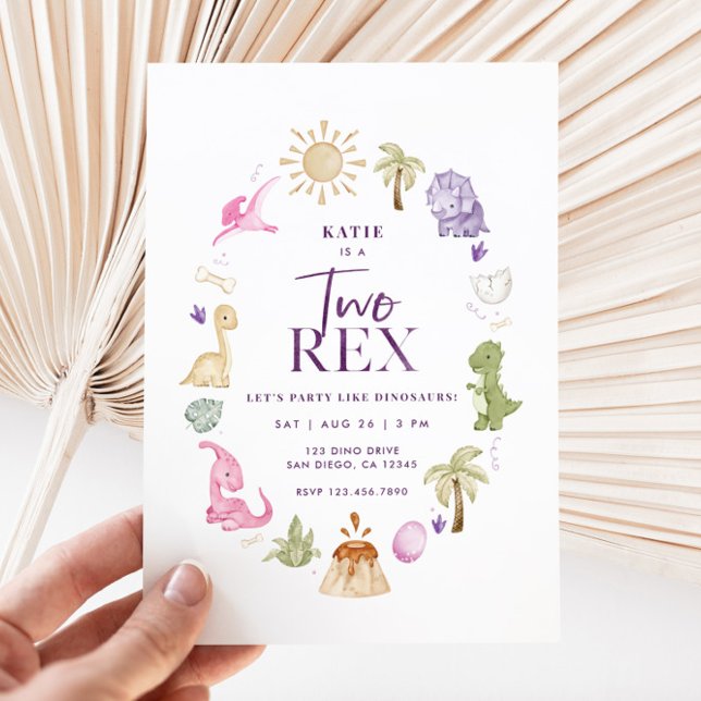 2:a födelsedagsinbjudan till flicka 2 Rex dosinosa Inbjudningar (Girl Dino 2nd Birthday Invitation)