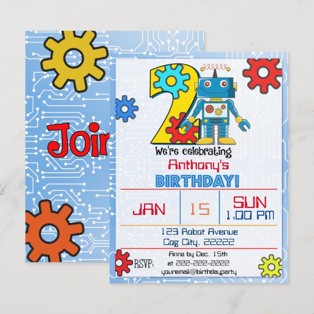 2:a födelsedagsinbjudan till robot inbjudningar (Fram/baksida)