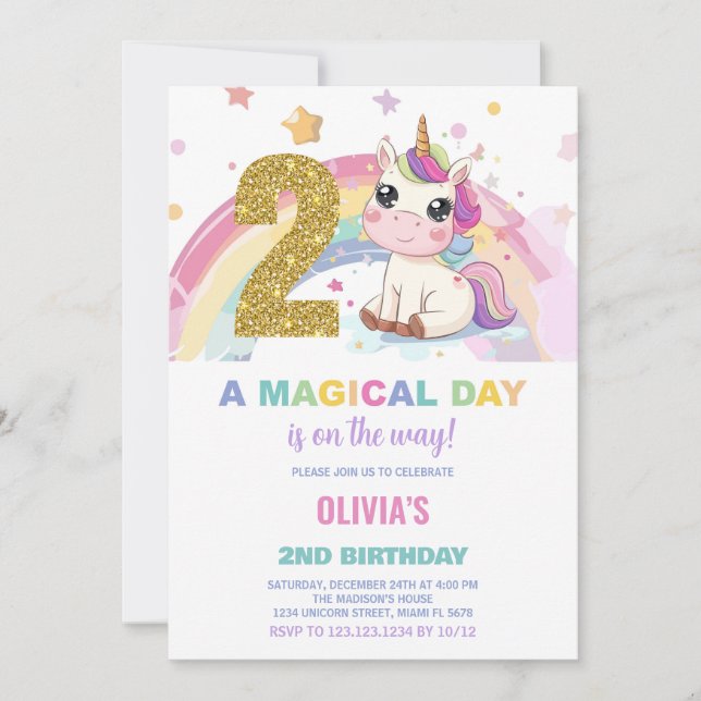 2:a födelsedagsinbjudan till Unicorn Birthday Inbjudningar (Framsida)