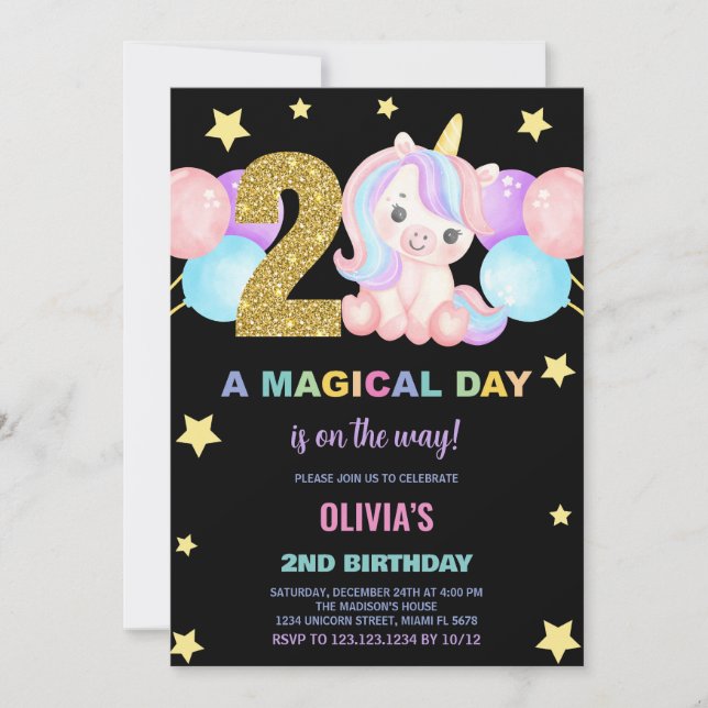 2:a födelsedagsinbjudan till Unicorn Birthday Inbjudningar (Framsida)